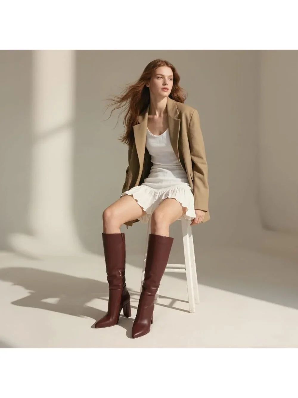 Women's Dark Brown Chunky Heel Pointed Toe Non Slip Side Zipper Knee High Boots